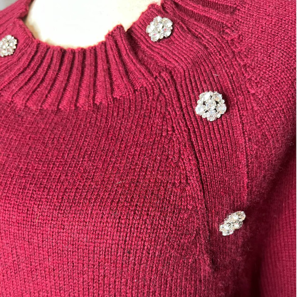 J. CREW Women's Sweater Size M in Burgundy Nylon Lambs Wool Blend w/Rhinestones - Picture 2 of 5